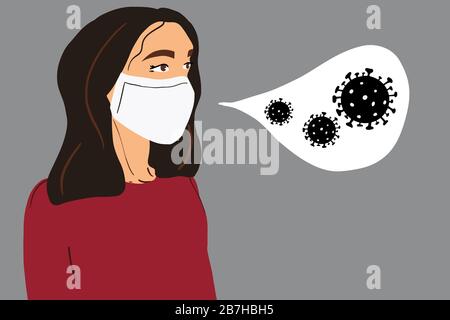 Illustrazione vettoriale di una donna in maschera facciale medica protettiva, che impedisce la diffusione del nuovo virus Covid-2019. Mettere in quarantena e arrestare il concetto di coronavirus Illustrazione Vettoriale