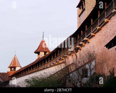 Mura medievali con torri murali a Murten o Morat in Svizzera. Foto Stock