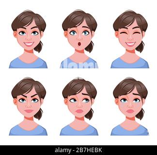 Espressioni facciali di donna carina. Diverse emozioni femminili. Bella signora personaggio cartoon. Illustrazione vettoriale isolata su sfondo bianco. Illustrazione Vettoriale