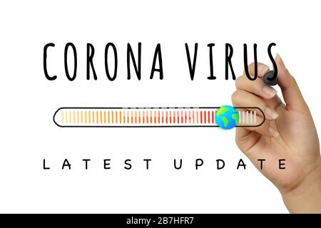 Corona Virus ultimo aggiornamento segno, scritto a mano con pennarello nero - Covid-19 Global Epidemic report banner con mondiale paese infezione progressi bar - Pandemic, quarantena e malattia concetto Foto Stock
