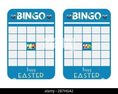 Blank Blue Bingo Cards ritagliato decorato con uova di Pasqua e felice testo decorativo di Pasqua su sfondo bianco Illustrazione Vettoriale