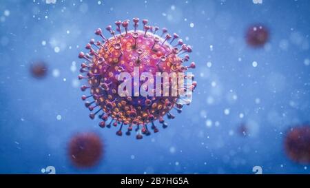 Vista microscopica del coronavirus cinese COVID-19 al microscopio. Rendering 3D Foto Stock