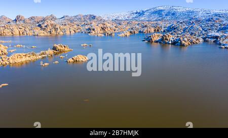 Le Granite Dells in inverno al Lago Watson a Prescott Arizona. Foto Stock