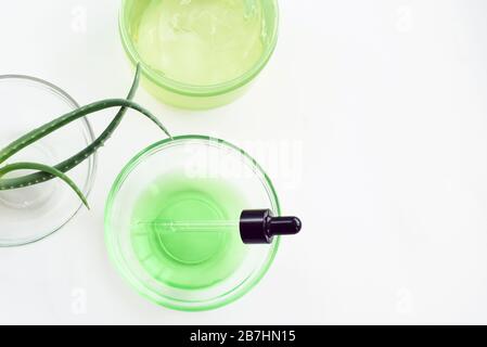 Gel di aloe, foglie di aloe vera e siero verde da ingredienti naturali su fondo bianco. Fare cosmetici a casa. Foto Stock