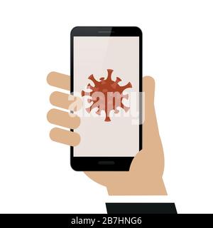 La mano tiene lo smartphone con l'icona del virus isolata su sfondo bianco illustrazione vettoriale EPS10 Illustrazione Vettoriale