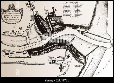Whitby, North Yorkshire, nel 1778 . Una vecchia mappa disegnata da Lionel Charlton che mostra la città e il porto come era in quel periodo. Foto Stock