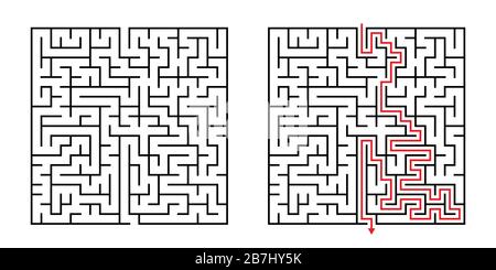 Labirinto quadrato vettoriale - labirinto con soluzione inclusa in nero e rosso. Divertente gioco di mente educativa per la coordinazione, la risoluzione dei problemi, il processo decisionale Illustrazione Vettoriale