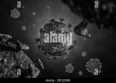 Illustrazione medica dettagliata modellata al computer del nuovo coronavirus 2019-nCoV covid-19. Concetto di protezione da pandemia virale. Microbiologia primo piano scen Foto Stock