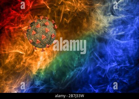 Illustrazione medica dettagliata modellata al computer del nuovo coronavirus 2019-nCoV covid-19. Concetto di protezione da pandemia virale. Microbiologia primo piano scen Foto Stock