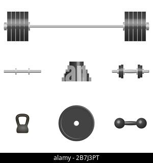 Set di 3D Sport gli elementi di apparecchiature. Elementi di progettazione per la palestra e la sala fitness. Vista frontale, illustrazione vettoriale. Illustrazione Vettoriale