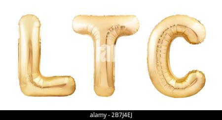 LTC Abbreviazione di Litecoin in palloncini gonfiabili dorati isolati su sfondo bianco Foto Stock