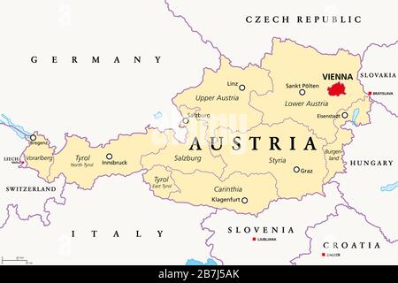 Austria, carta politica, con la capitale Vienna, nove stati federati e le loro capitali. Con le frontiere e i paesi vicini. Etichetta inglese. Foto Stock