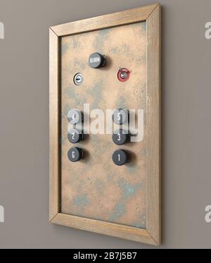 Un vecchio pannello di controllo retro ascensore con sei piani in ottone e legno con pulsanti analogici - 3D rendering Foto Stock