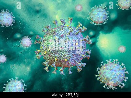 Scena del virus Corona con struttura dettagliata. Su sfondo verde. rendering 3d. Foto Stock