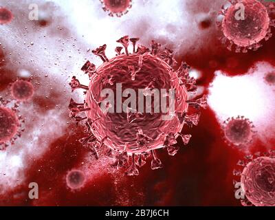 Scena del virus Corona con struttura dettagliata. Soggetti rossi su sfondo rosso. rendering 3d. Foto Stock