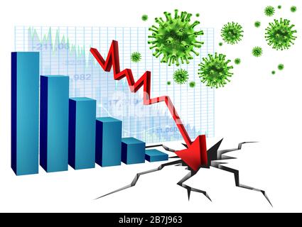 Economia e assistenza sanitaria come una pandemia economica paura e coronavirus paure o virus Focolaio e mercato azionario vendere come una recessione finanziaria stock. Foto Stock