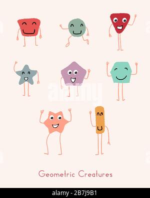 I bambini indossano il design. Carino insieme di amici cartoni animati geometrici. Illustrazione Vettoriale