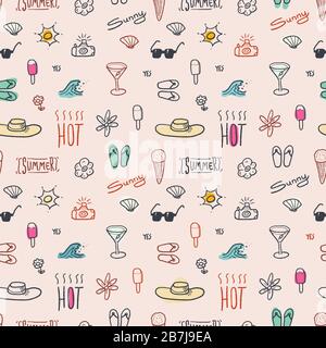 Estate doodle - seamless vector pattern con beach vacation oggetto. Illustrazione Vettoriale