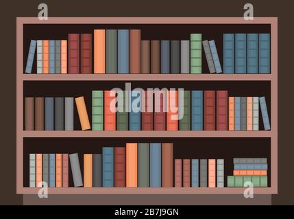Custodia Vector Book. Vecchia libreria in legno in biblioteca. Illustrazione Vettoriale