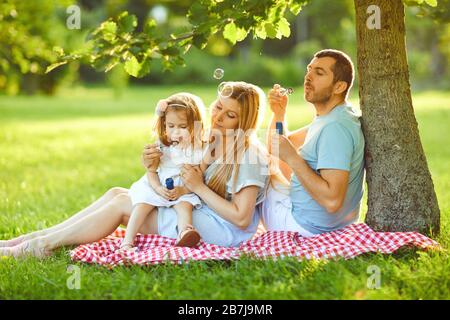 La famiglia felice sta abbracciando mentre si siede nel parco. Foto Stock