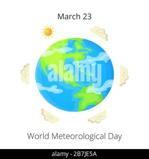 Cartoon mondo meteorologico giorno carta o poster. Sole e nuvole intorno alla Terra. Concetto di meteorologia. Illustrazione vettoriale piatta isolata su bianco Illustrazione Vettoriale