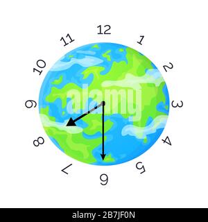 Concetto di Earth Day. Pianeta con quadrante dell'orologio e lancette dell'orologio. Illustrazione vettoriale a stock isolata su sfondo bianco in stile piatto. Illustrazione Vettoriale