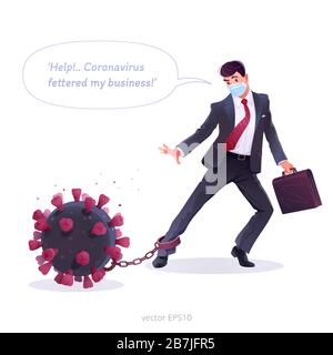 Impatto economico del coronavirus. L’uomo d’affari sta cercando di liberarsi dalle catene della crisi. Sfera e catena metaforica sotto forma di virus. Illustrazione Vettoriale