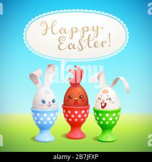 Buona Pasqua! Biglietto di auguri vettore. Due simpatici conigli e giovani gallo bruno sono fatti di uova decorate. I giocattoli commestibili cute sono seduti nelle tazze dell'uovo Illustrazione Vettoriale