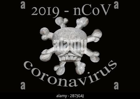 Modello astratto del ceppo 2019-nCoV del coronavirus. Il concetto di morte per un'epidemia di virus. Cranio e crossbones. Foto Stock