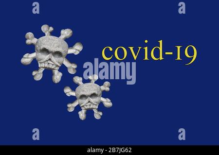 Modello astratto del ceppo 2019-nCoV del coronavirus. Il concetto di morte per un'epidemia di virus. Cranio e crossbones. Foto Stock