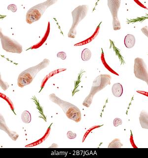 Bastoncini di pollo crudo volanti o gambe con spezie su sfondo bianco. Cibo asiatico piccante. Ripetizione senza giunture Foto Stock