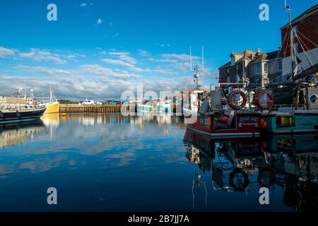Nel tardo pomeriggio nel porto di Padstow, Cornovaglia. Foto Stock