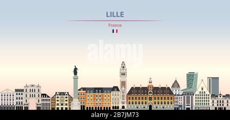 Illustrazione vettoriale dello skyline della città di Lille su un bellissimo sfondo colorato Illustrazione Vettoriale