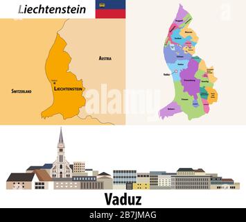 Mappa delle divisioni amministrative del Liechtenstein. Paesaggio urbano in stile piatto di Vaduz. Illustrazione vettoriale Illustrazione Vettoriale