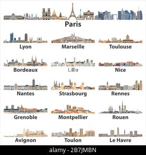 Francia città skylines icone isolate su sfondo bianco. Illustrazione vettoriale Illustrazione Vettoriale