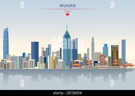 Illustrazione vettoriale dello skyline della città di Wuhan su un bellissimo sfondo colorato Illustrazione Vettoriale