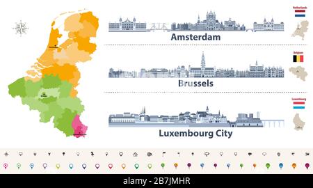 Mappa delle regioni vettoriali di Belgio, Paesi Bassi e Lussemburgo. Amsterdam, Bruxelles e Luxembourg City, con lucernari in stile piatto e colori blu scuro Illustrazione Vettoriale