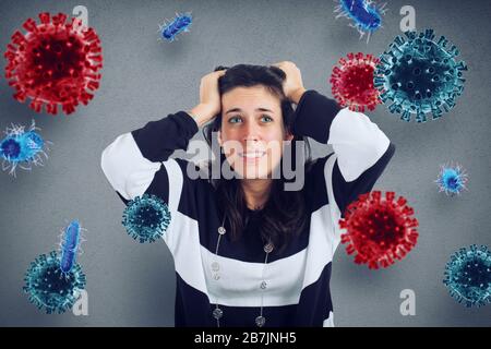 Temuta ragazza attaccata da virus e batteri. Concetto di malattia Foto Stock