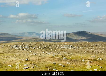 Vista dalla cima di Ingleborough a Whernside e a Howgills Ingleborough, North Yorkshire, Inghilterra Foto Stock