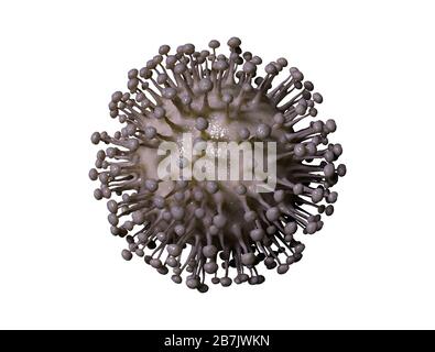 Cellula virale su sfondo bianco. Primo piano del virus microscopico Coronavirus Covid-19. rendering 3d Foto Stock