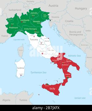 Mappa Italia in colori di bandiera con stati vicini, divisione amministrativa e nomi con città vettore Illustrazione Vettoriale