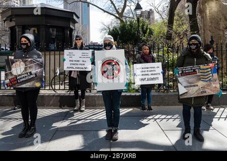 Sostenendo che il COVID-19 è iniziato in un mercato di animali vivi, gli attivisti PETA chiedono che la città sospenda l'operazione di macelli a tempo indeterminato in un raduno fuori City Hall a New York City il 16 marzo 2020. Molti di coloro che si sono ammalati a Wuhan, l'epicentro del virus, avevano visitato un mercato animale vivo a Wuhan; le autorità hanno detto che non c'erano prove del virus che si diffonde da persona a persona (Gabriele Holtermann-Gorden/Sipa USA) Credit: Sipa USA/Alamy Live News Foto Stock