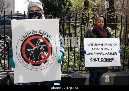 Sostenendo che il COVID-19 è iniziato in un mercato di animali vivi, gli attivisti PETA chiedono che la città sospenda l'operazione di macelli a tempo indeterminato in un raduno fuori City Hall a New York City il 16 marzo 2020. Molti di coloro che si sono ammalati a Wuhan, l'epicentro del virus, avevano visitato un mercato animale vivo a Wuhan; le autorità hanno detto che non c'erano prove del virus che si diffonde da persona a persona (Gabriele Holtermann-Gorden/Sipa USA) Credit: Sipa USA/Alamy Live News Foto Stock