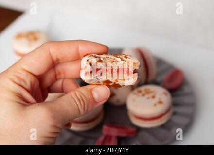 La mano tiene un macaron di fragole morso Foto Stock