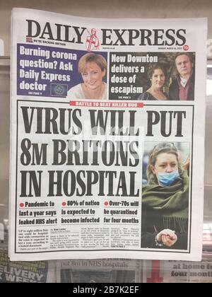 Londra, UK - 16/03/2020: Coronavirus (covid-19) giornale su coronavirus e NHS ospedale previsioni di 8 milioni di persone Foto Stock