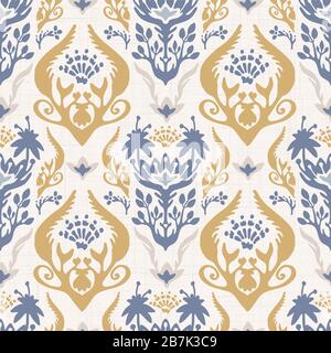 Sottofondo di texture vettoriale shabby chic francese damask. Antico bianco giallo blu fiorire senza cuciture modello. Carta da parati interna floreale disegnata a mano home Illustrazione Vettoriale