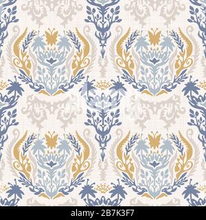 Sottofondo di texture vettoriale shabby chic francese damask. Antico bianco giallo blu fiorire senza cuciture modello. Carta da parati interna floreale disegnata a mano home Illustrazione Vettoriale