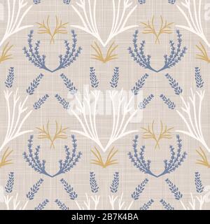 Squallido francese chic damascata texture sfondo vettoriale lavanda. Antico motivo bianco giallo blu senza cuciture. Carta da parati interna floreale disegnata a mano Illustrazione Vettoriale