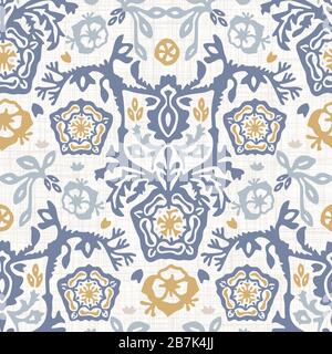 Sottofondo di texture vettoriale shabby chic francese damask. Antico bianco giallo blu fiorire senza cuciture modello. Carta da parati interna floreale disegnata a mano home Illustrazione Vettoriale