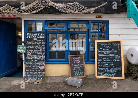 Negozio di granchi Cadgwith Cove. Cadgwith, Cornovaglia, Regno Unito Foto Stock